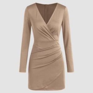 Tan Ruched Wrap Sheath Dress V-Neck Long Sleeve (NWT)